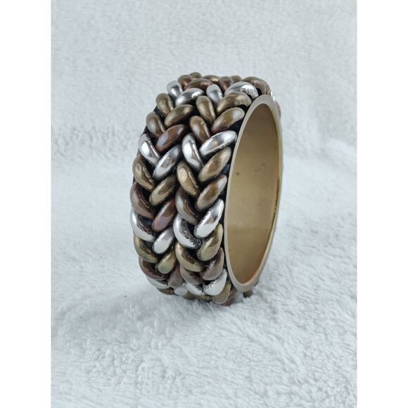 Vintage Brass Bracelet Bangle Three Metal Colors Brass Silver Copper Braid Jewel - Picture 7 of 9